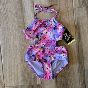 Art Class Girls One Piece Swimsuit XS 4/5 Floral Halter Tie Cutout UPF 50+